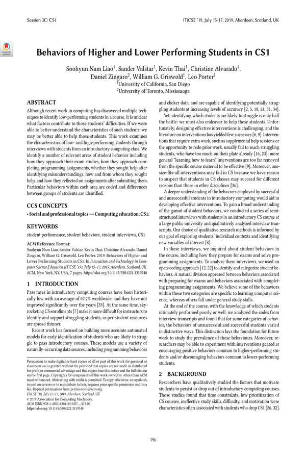 Behaviors of Higher and Lower Performing Students in CS1