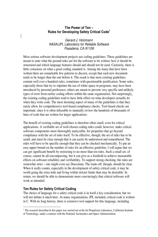 The Power of Ten: Rules for Developing Safety Critical Code
